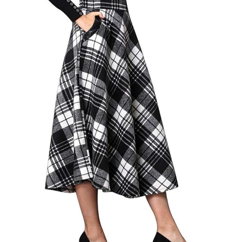 Womens Plaid Wool Skirts Elastic Waist A-Line Pleated Tartan Long Midi Skirt Sm